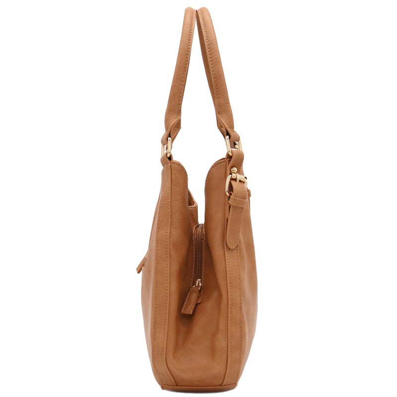 FashionPuzzle Light-weight 3 Compartment Faux Leather Medium Hobo Bag (Tan) - Image 3